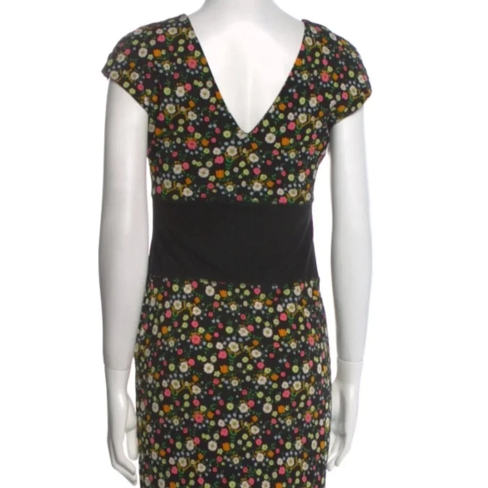 Tory Burch Sheath Dress Black Floral Short Sleeve with V-Neck S (Orig. $456)